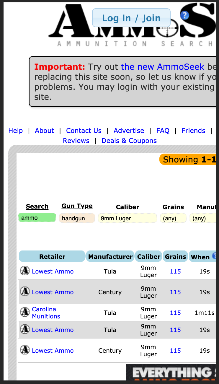 2019 AmmoSeek Results Screenshot